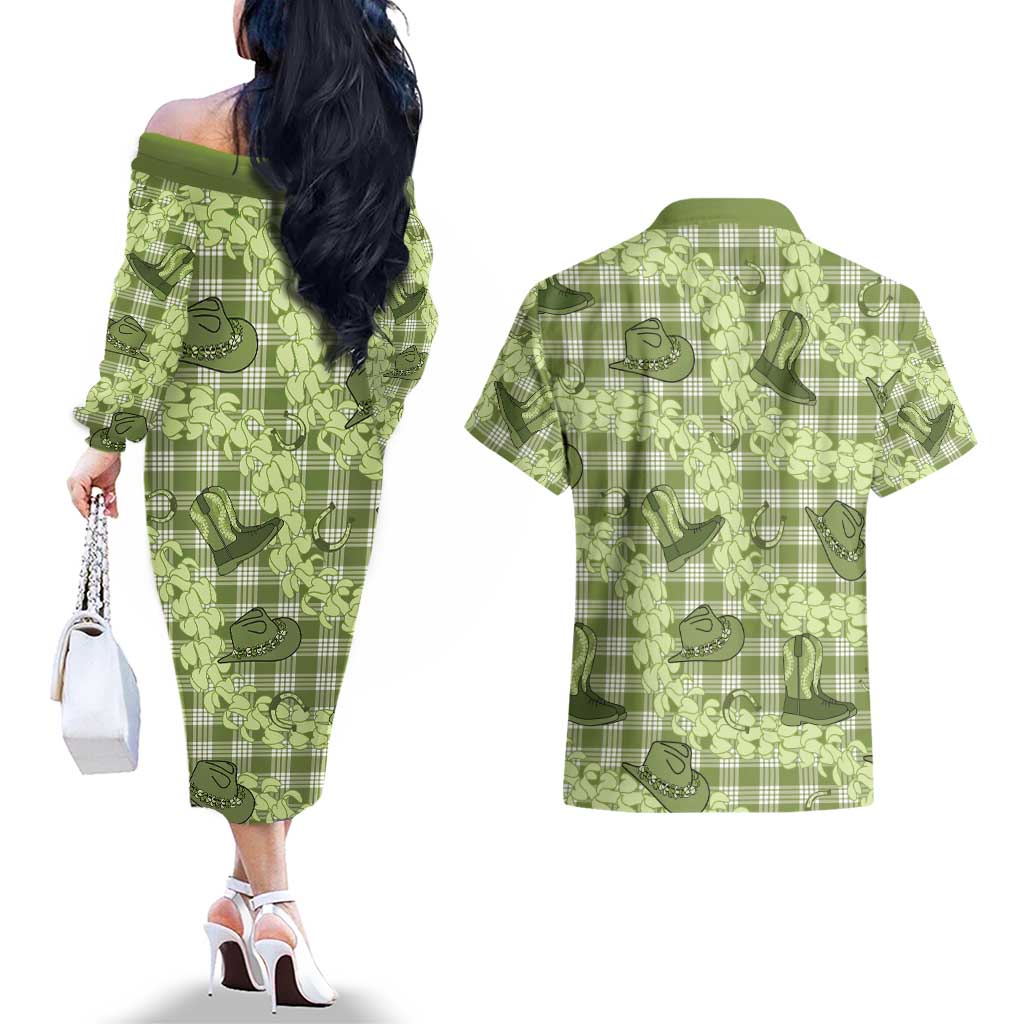 Lime Palaka Hawaii Cowboy Couples Matching Off The Shoulder Long Sleeve Dress and Hawaiian Shirt Puakenikeni Lei Paniolo Papale Seamless Vibes LT14 - Polynesian Pride