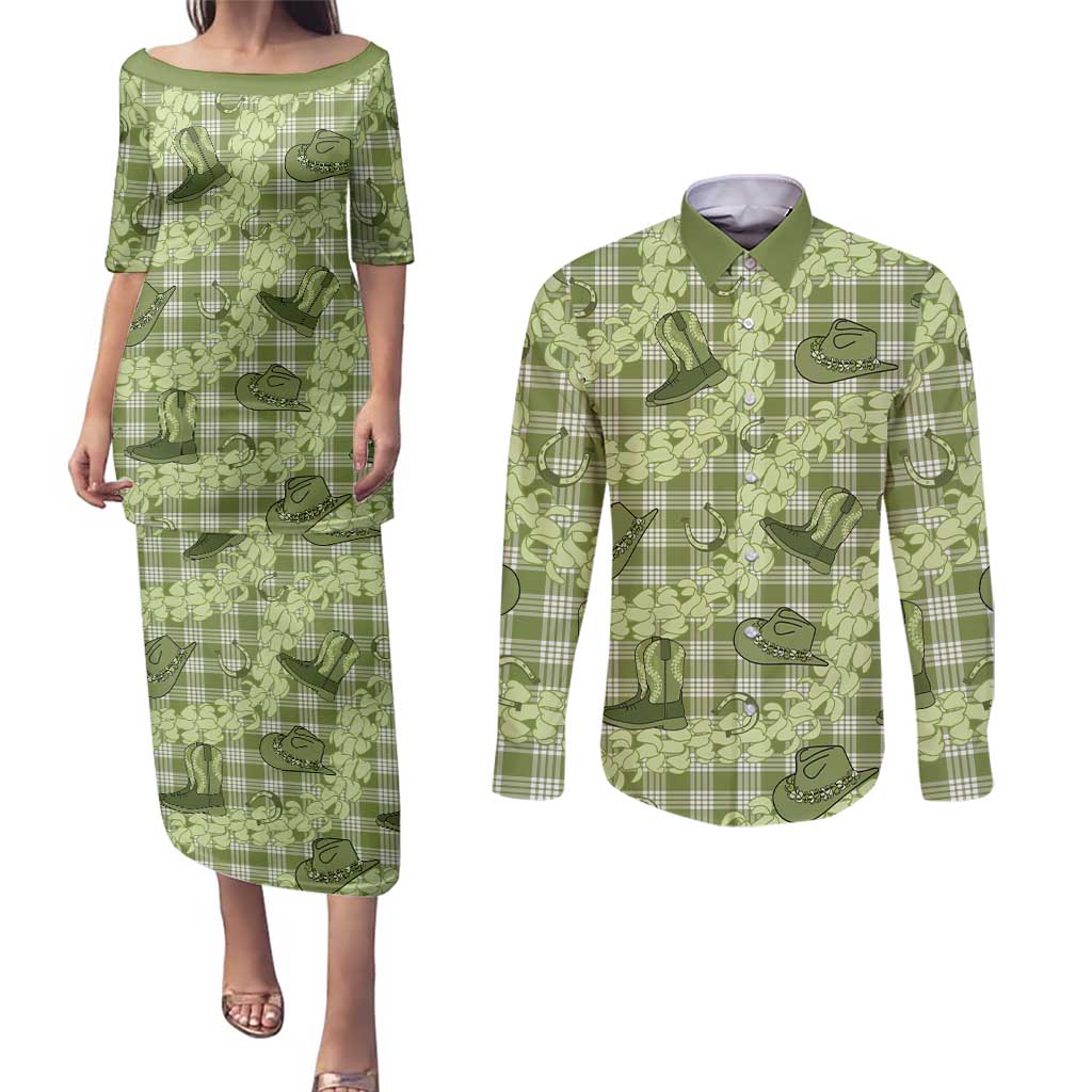 Lime Palaka Hawaii Cowboy Couples Matching Puletasi and Long Sleeve Button Shirt Puakenikeni Lei Paniolo Papale Seamless Vibes - Polynesian Pride