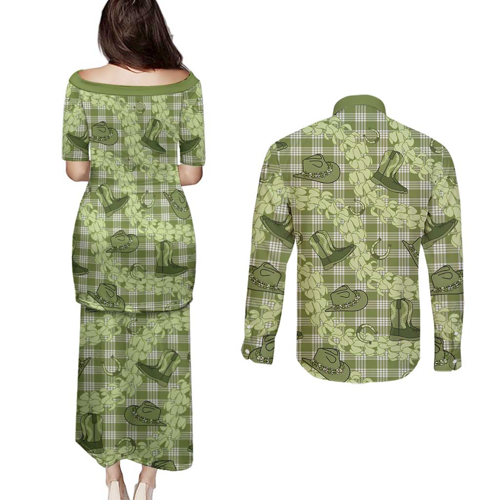 Lime Palaka Hawaii Cowboy Couples Matching Puletasi and Long Sleeve Button Shirt Puakenikeni Lei Paniolo Papale Seamless Vibes - Polynesian Pride
