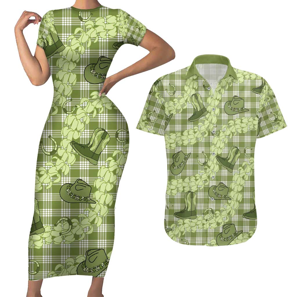 Lime Palaka Hawaii Cowboy Couples Matching Short Sleeve Bodycon Dress and Hawaiian Shirt Puakenikeni Lei Paniolo Papale Seamless Vibes LT14 Lime - Polynesian Pride