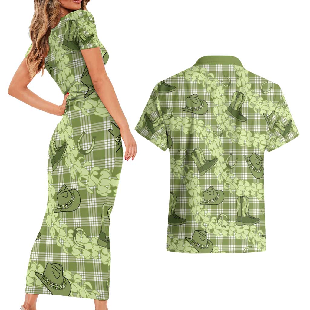 Lime Palaka Hawaii Cowboy Couples Matching Short Sleeve Bodycon Dress and Hawaiian Shirt Puakenikeni Lei Paniolo Papale Seamless Vibes LT14 - Polynesian Pride