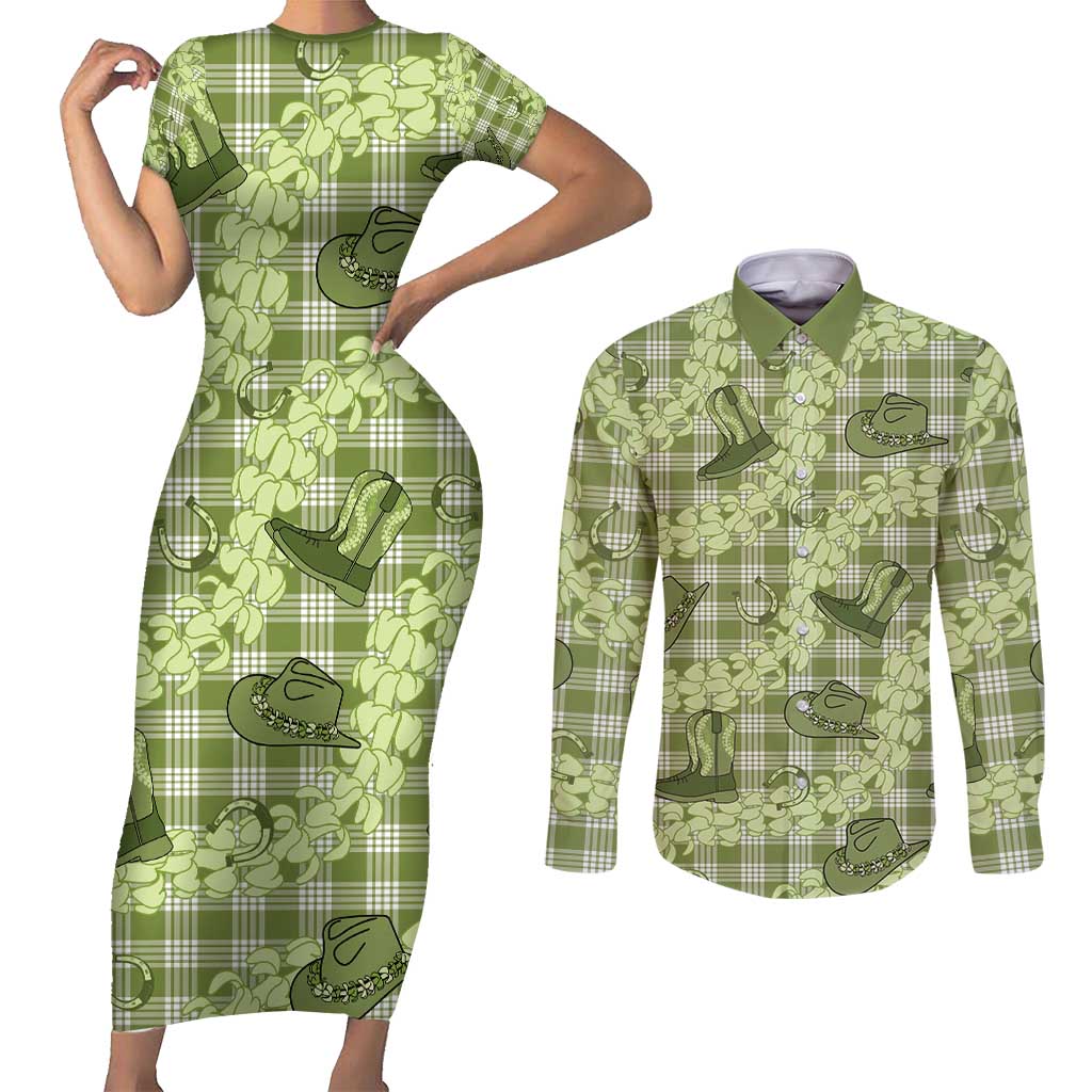 Lime Palaka Hawaii Cowboy Couples Matching Short Sleeve Bodycon Dress and Long Sleeve Button Shirt Puakenikeni Lei Paniolo Papale Seamless Vibes LT14 Lime - Polynesian Pride