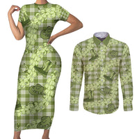 Lime Palaka Hawaii Cowboy Couples Matching Short Sleeve Bodycon Dress and Long Sleeve Button Shirt Puakenikeni Lei Paniolo Papale Seamless Vibes LT14 Lime - Polynesian Pride