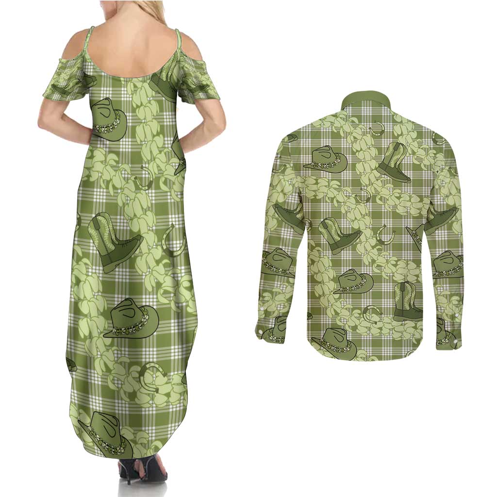 Lime Palaka Hawaii Cowboy Couples Matching Summer Maxi Dress and Long Sleeve Button Shirt Puakenikeni Lei Paniolo Papale Seamless Vibes LT14 - Polynesian Pride