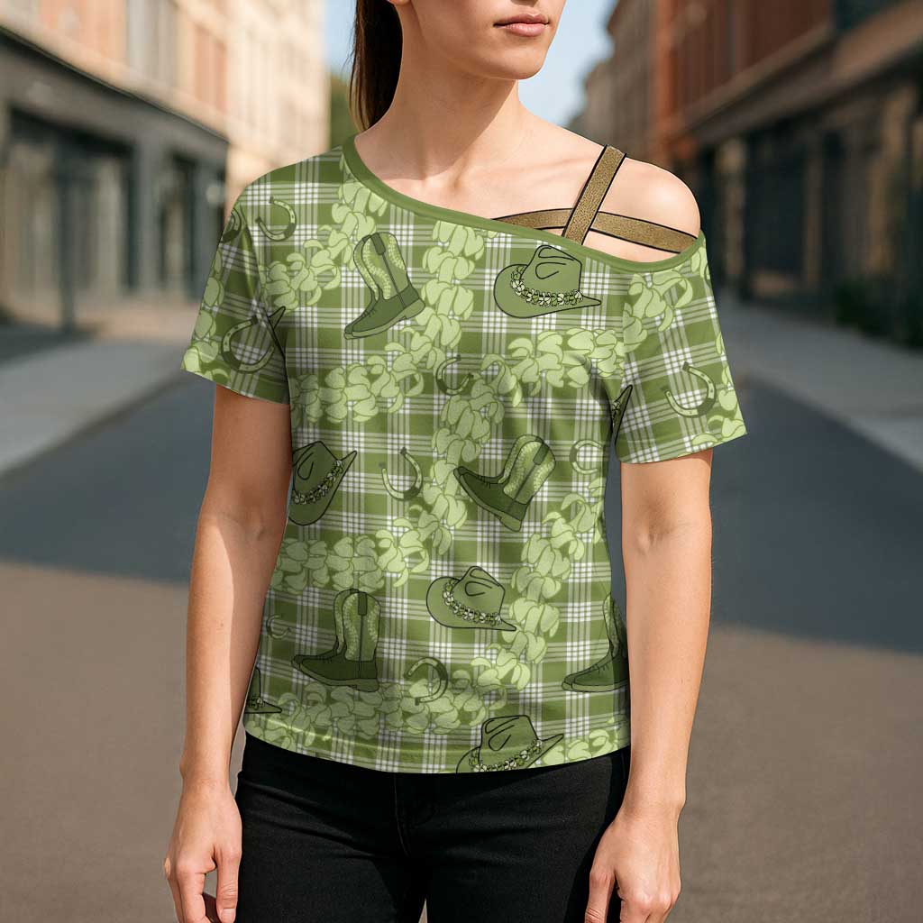 Lime Palaka Hawaii Cowboy Cross Shoulder Shirt Puakenikeni Lei Paniolo Papale Seamless Vibes - Polynesian Pride