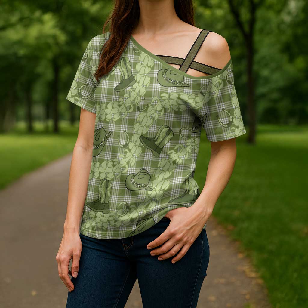 Lime Palaka Hawaii Cowboy Cross Shoulder Shirt Puakenikeni Lei Paniolo Papale Seamless Vibes - Polynesian Pride