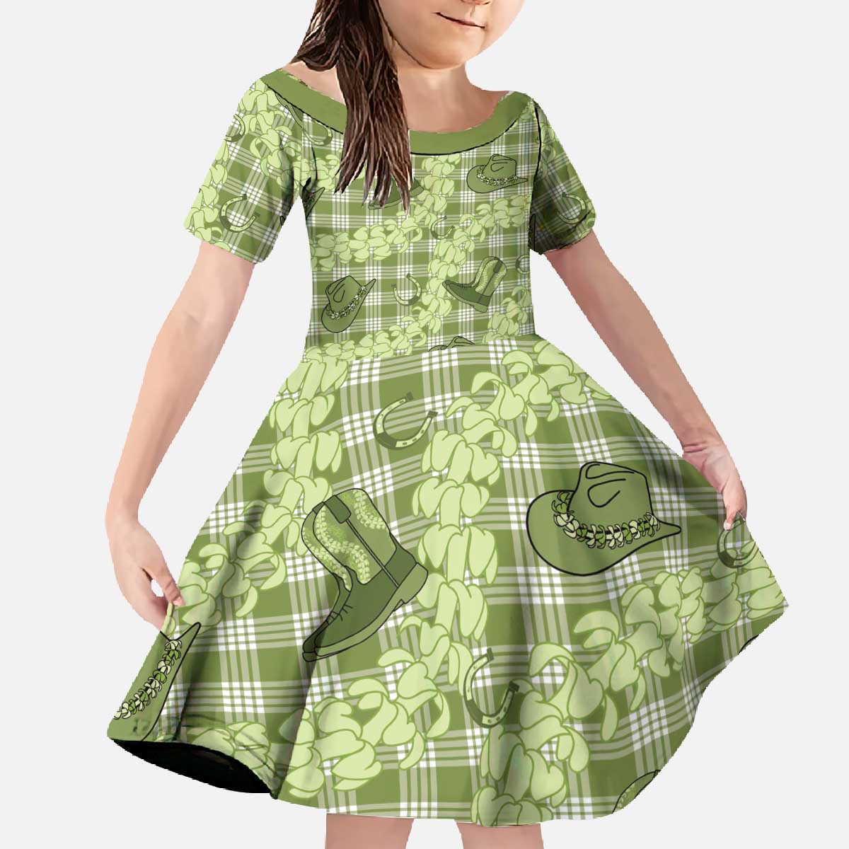 Lime Palaka Hawaii Cowboy Family Matching Off The Shoulder Long Sleeve Dress and Hawaiian Shirt Puakenikeni Lei Paniolo Papale Seamless Vibes LT14 Daughter's Dress Lime - Polynesian Pride