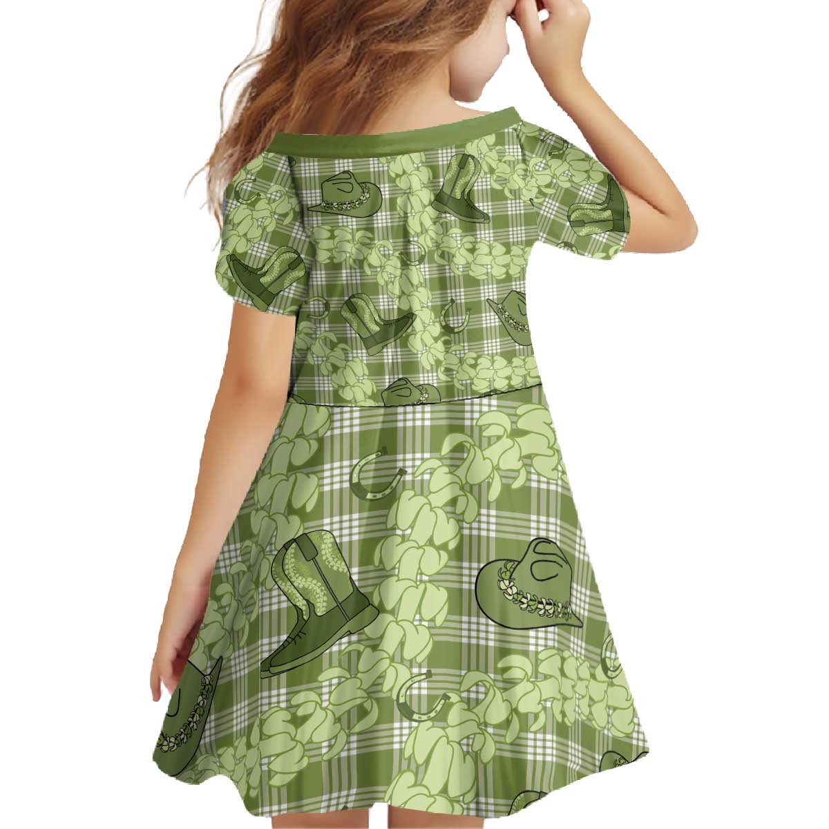 Lime Palaka Hawaii Cowboy Family Matching Off The Shoulder Long Sleeve Dress and Hawaiian Shirt Puakenikeni Lei Paniolo Papale Seamless Vibes LT14 - Polynesian Pride