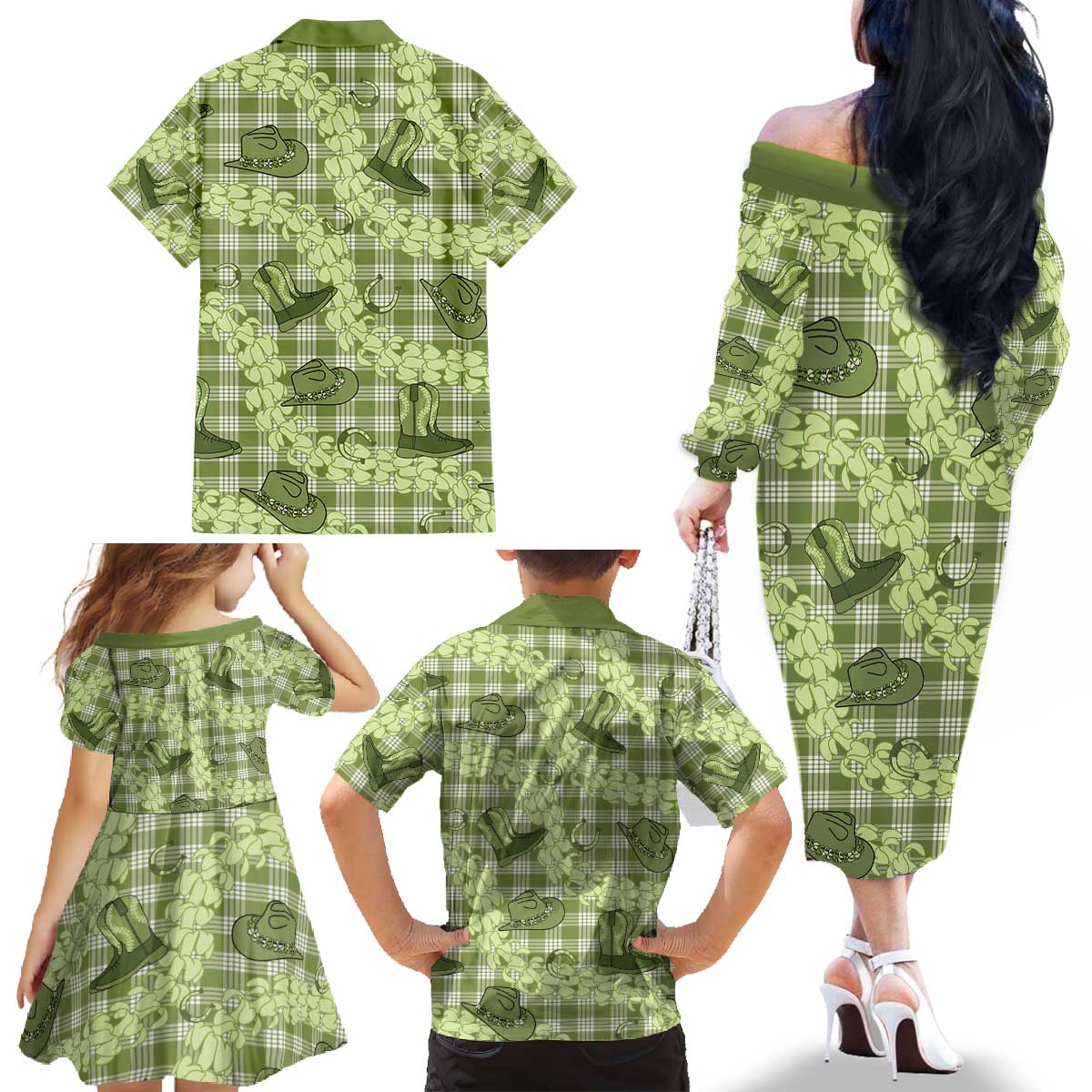 Lime Palaka Hawaii Cowboy Family Matching Off The Shoulder Long Sleeve Dress and Hawaiian Shirt Puakenikeni Lei Paniolo Papale Seamless Vibes LT14 - Polynesian Pride