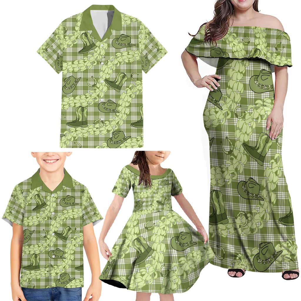 Lime Palaka Hawaii Cowboy Family Matching Off Shoulder Maxi Dress and Hawaiian Shirt Puakenikeni Lei Paniolo Papale Seamless Vibes LT14 - Polynesian Pride