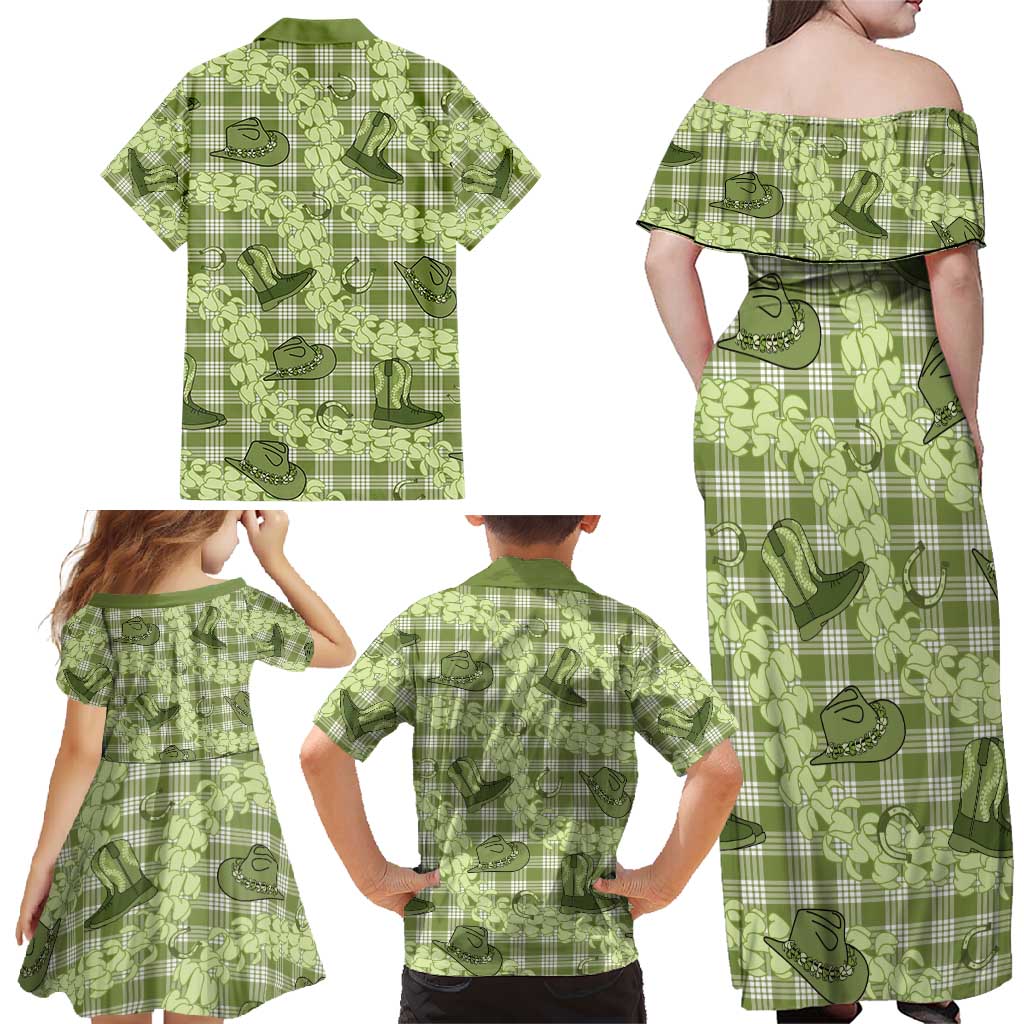 Lime Palaka Hawaii Cowboy Family Matching Off Shoulder Maxi Dress and Hawaiian Shirt Puakenikeni Lei Paniolo Papale Seamless Vibes LT14 - Polynesian Pride
