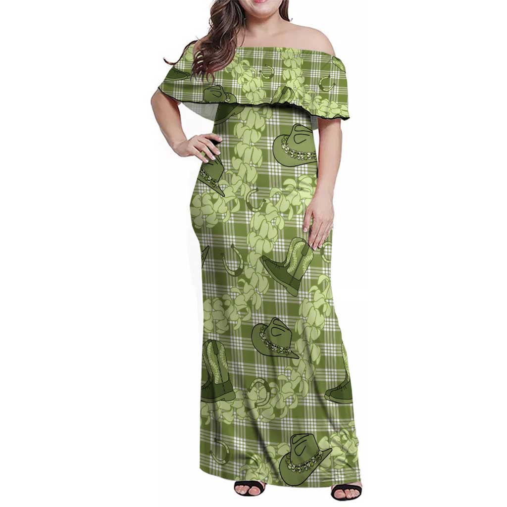 Lime Palaka Hawaii Cowboy Family Matching Off Shoulder Maxi Dress and Hawaiian Shirt Puakenikeni Lei Paniolo Papale Seamless Vibes LT14 Mom's Dress Lime - Polynesian Pride
