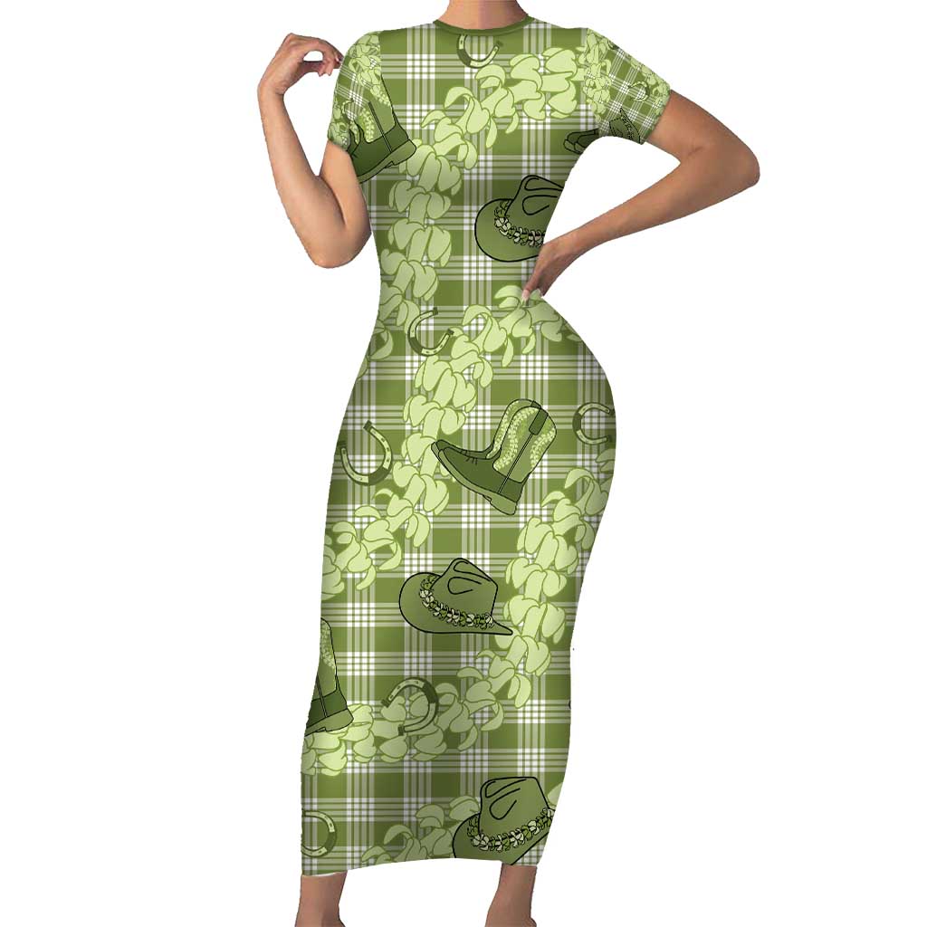 Lime Palaka Hawaii Cowboy Family Matching Short Sleeve Bodycon Dress and Hawaiian Shirt Puakenikeni Lei Paniolo Papale Seamless Vibes LT14 Mom's Dress Lime - Polynesian Pride