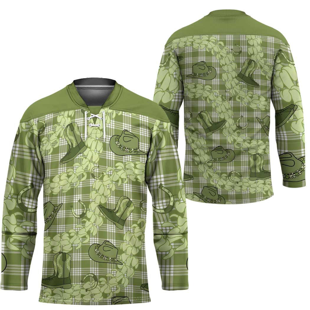 Lime Palaka Hawaii Cowboy Hockey Jersey Puakenikeni Lei Paniolo Papale Seamless Vibes - Polynesian Pride