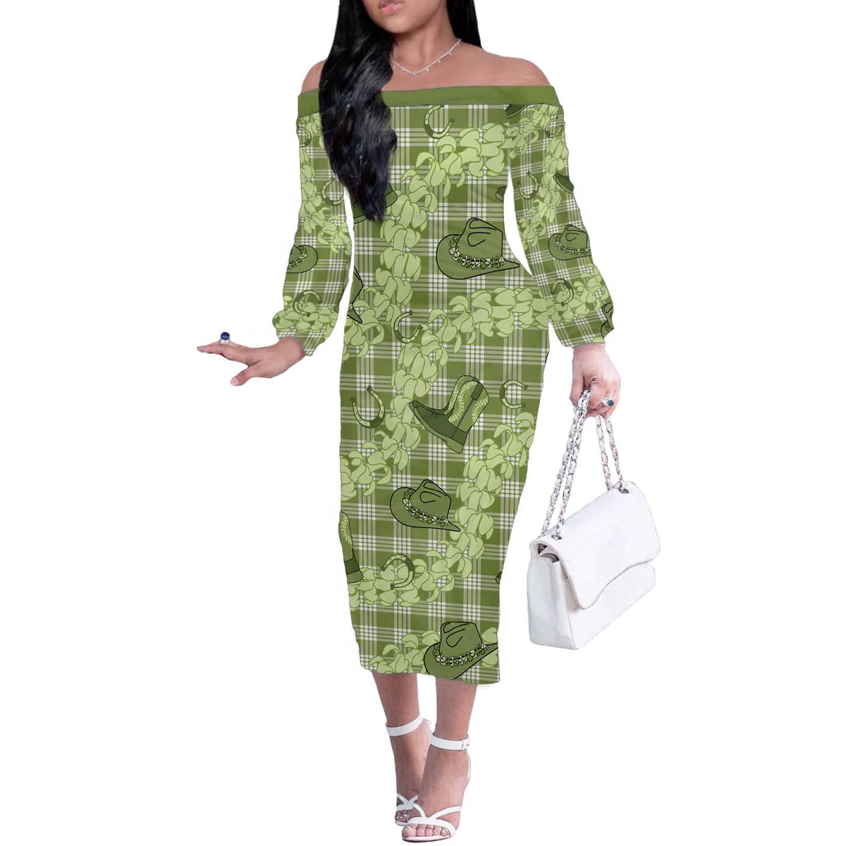 Lime Palaka Hawaii Cowboy Off The Shoulder Long Sleeve Dress Puakenikeni Lei Paniolo Papale Seamless Vibes LT14 Women Lime - Polynesian Pride