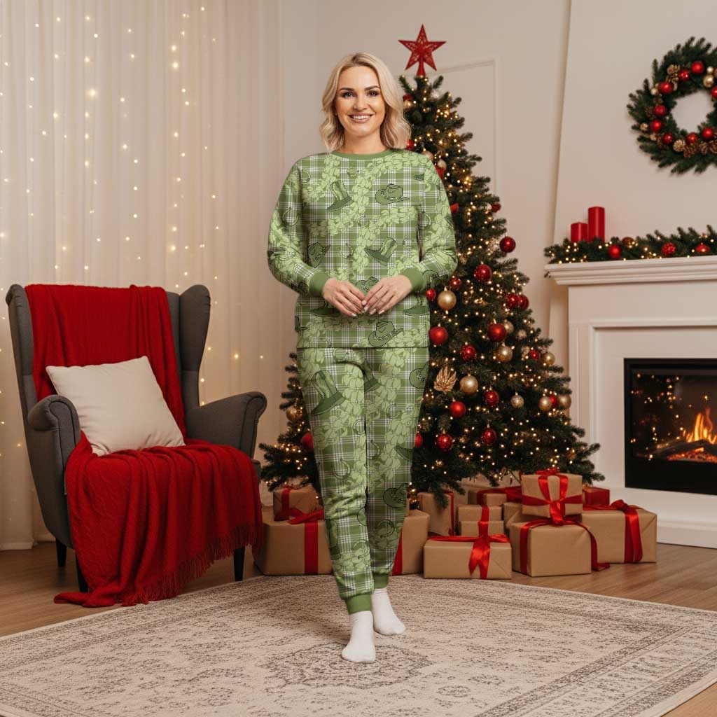Lime Palaka Hawaii Cowboy Christmas Pajama Set Puakenikeni Lei Paniolo Papale Seamless Vibes - Polynesian Pride