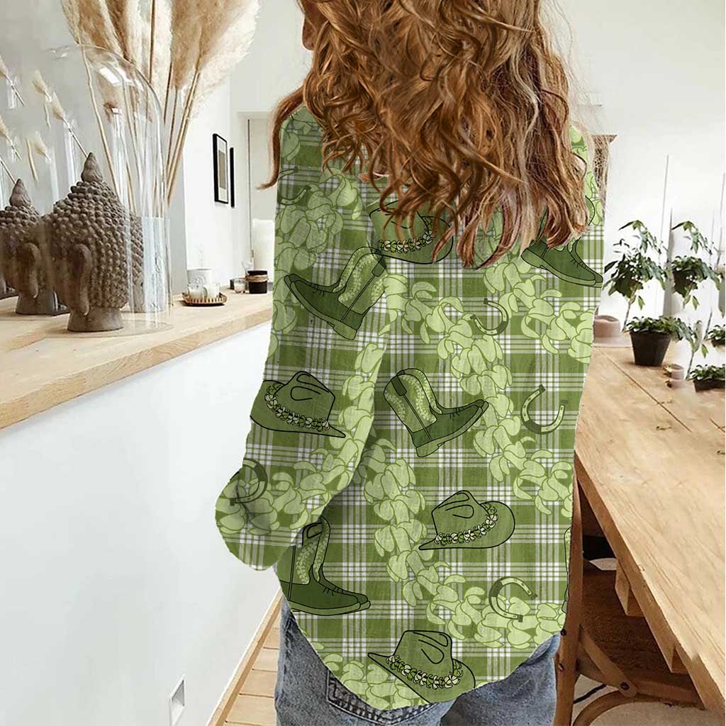 Lime Palaka Hawaii Cowboy Women Casual Shirt Puakenikeni Lei Paniolo Papale Seamless Vibes LT14 - Polynesian Pride
