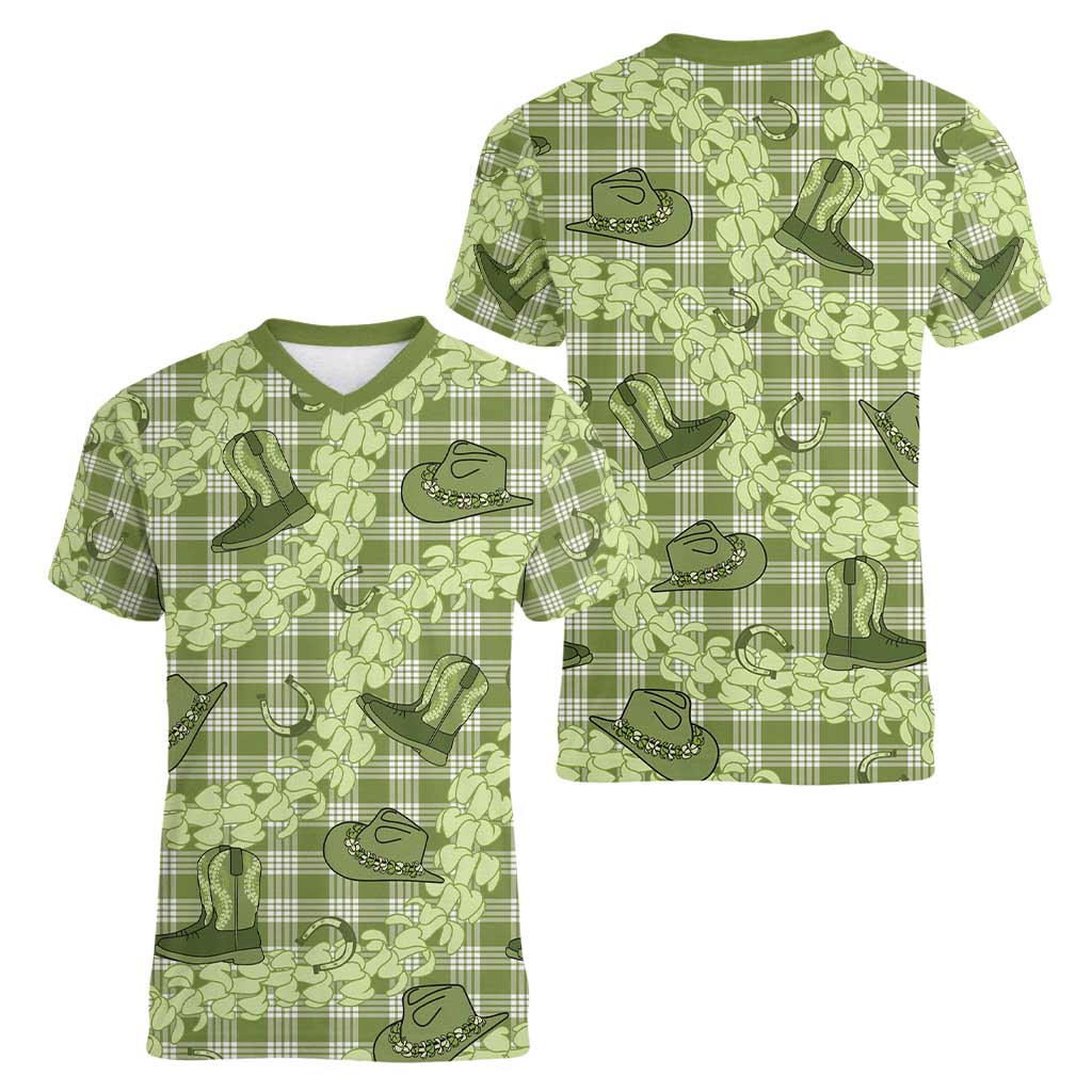 Lime Palaka Hawaii Cowboy Women V-Neck T-Shirt Puakenikeni Lei Paniolo Papale Seamless Vibes LT14 - Polynesian Pride
