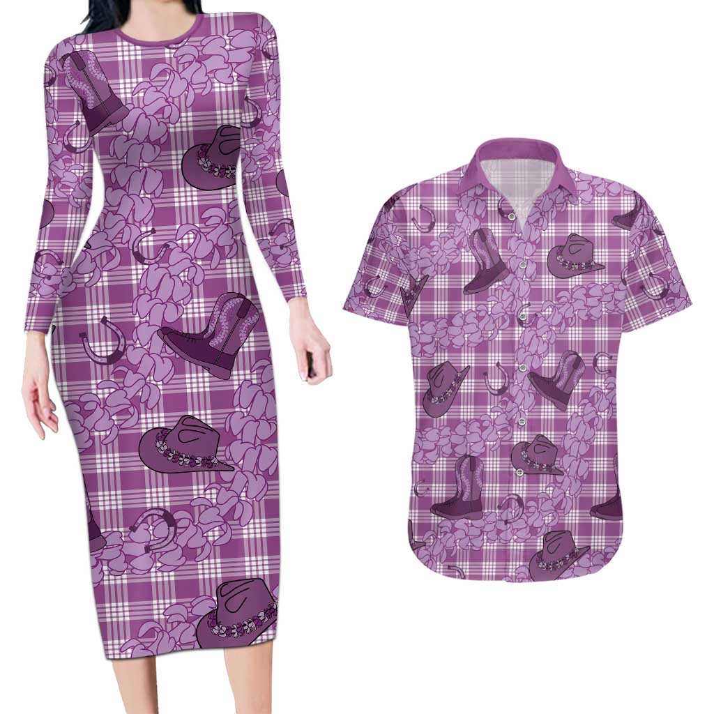 Purple Palaka Hawaii Cowboy Couples Matching Long Sleeve Bodycon Dress and Hawaiian Shirt Puakenikeni Lei Paniolo Papale Seamless Vibes LT14 Purple - Polynesian Pride