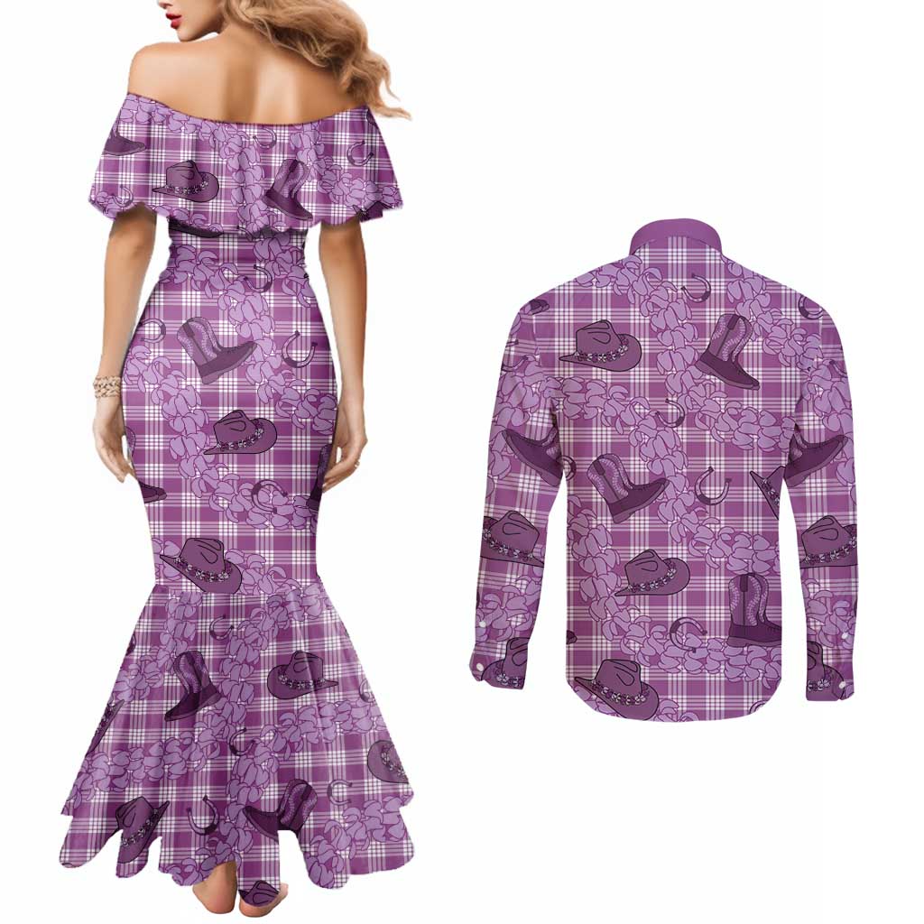 Purple Palaka Hawaii Cowboy Couples Matching Mermaid Dress and Long Sleeve Button Shirt Puakenikeni Lei Paniolo Papale Seamless Vibes LT14 - Polynesian Pride