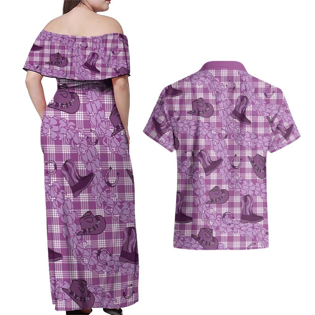 Purple Palaka Hawaii Cowboy Couples Matching Off Shoulder Maxi Dress and Hawaiian Shirt Puakenikeni Lei Paniolo Papale Seamless Vibes LT14 - Polynesian Pride