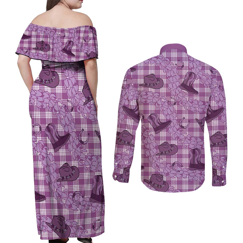 Purple Palaka Hawaii Cowboy Couples Matching Off Shoulder Maxi Dress and Long Sleeve Button Shirt Puakenikeni Lei Paniolo Papale Seamless Vibes LT14 - Polynesian Pride