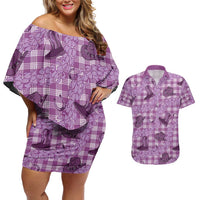 Purple Palaka Hawaii Cowboy Couples Matching Off Shoulder Short Dress and Hawaiian Shirt Puakenikeni Lei Paniolo Papale Seamless Vibes LT14 Purple - Polynesian Pride