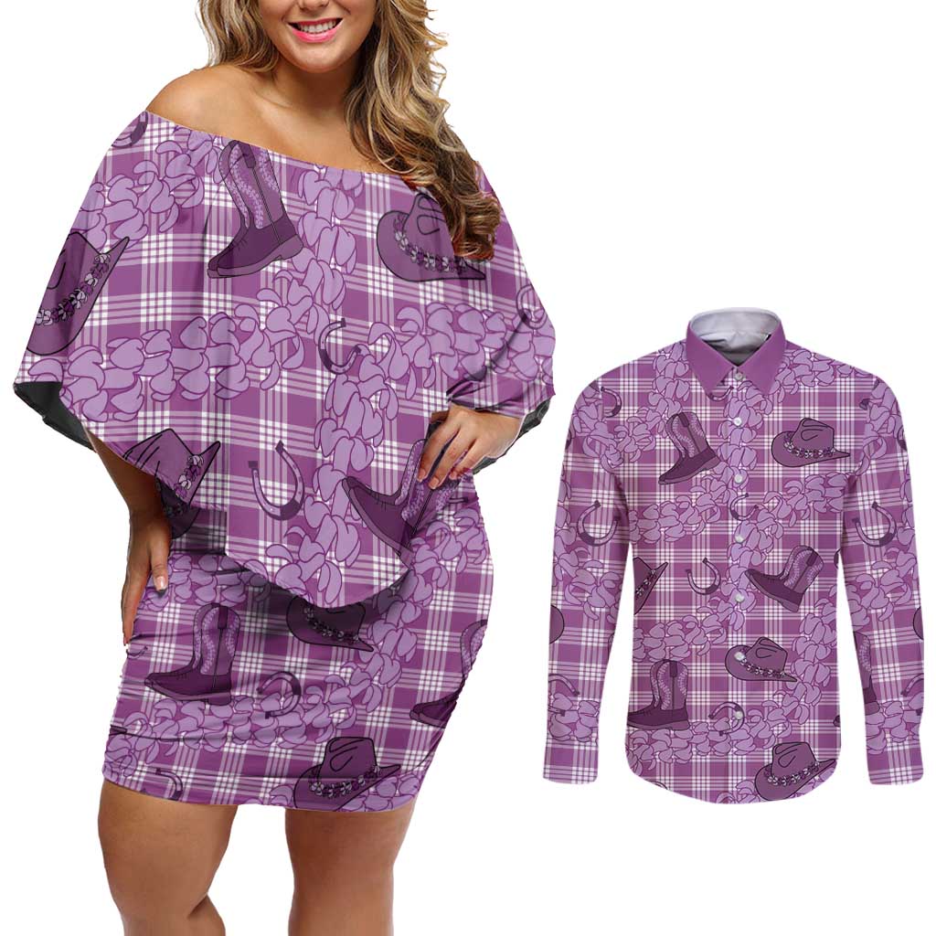 Purple Palaka Hawaii Cowboy Couples Matching Off Shoulder Short Dress and Long Sleeve Button Shirt Puakenikeni Lei Paniolo Papale Seamless Vibes LT14 Purple - Polynesian Pride