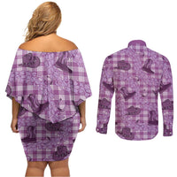 Purple Palaka Hawaii Cowboy Couples Matching Off Shoulder Short Dress and Long Sleeve Button Shirt Puakenikeni Lei Paniolo Papale Seamless Vibes LT14 - Polynesian Pride