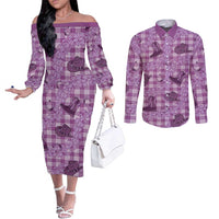 Purple Palaka Hawaii Cowboy Couples Matching Off The Shoulder Long Sleeve Dress and Long Sleeve Button Shirt Puakenikeni Lei Paniolo Papale Seamless Vibes LT14 Purple - Polynesian Pride