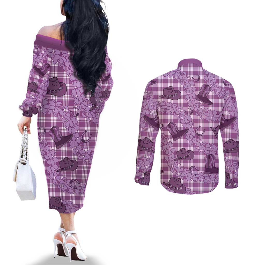 Purple Palaka Hawaii Cowboy Couples Matching Off The Shoulder Long Sleeve Dress and Long Sleeve Button Shirt Puakenikeni Lei Paniolo Papale Seamless Vibes LT14 - Polynesian Pride