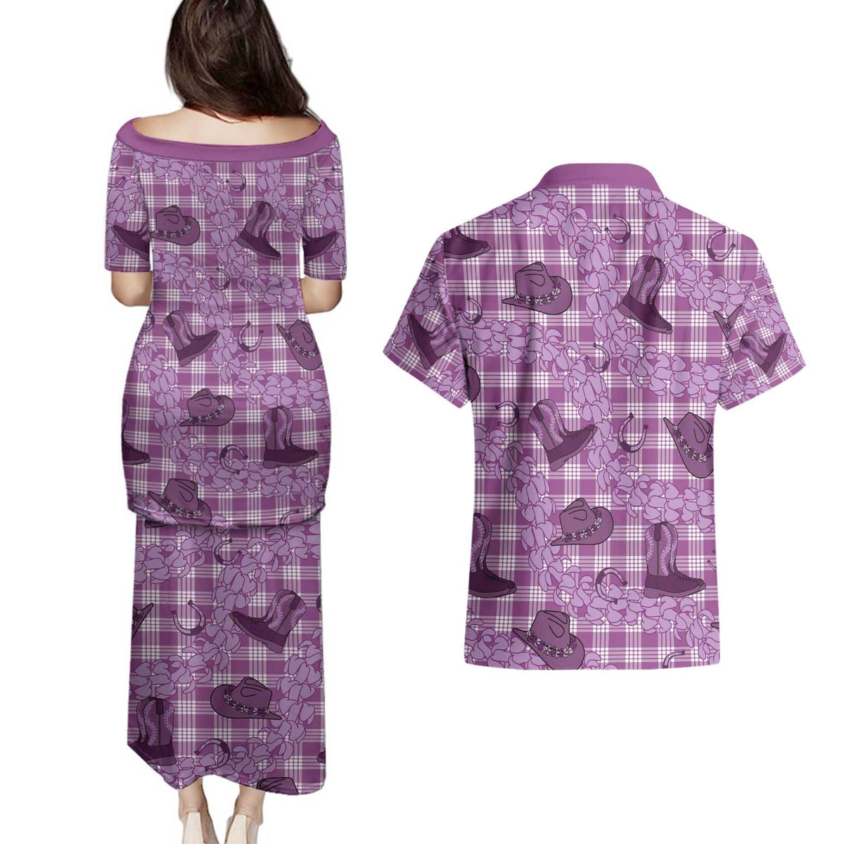 Purple Palaka Hawaii Cowboy Couples Matching Puletasi and Hawaiian Shirt Puakenikeni Lei Paniolo Papale Seamless Vibes LT14 - Polynesian Pride