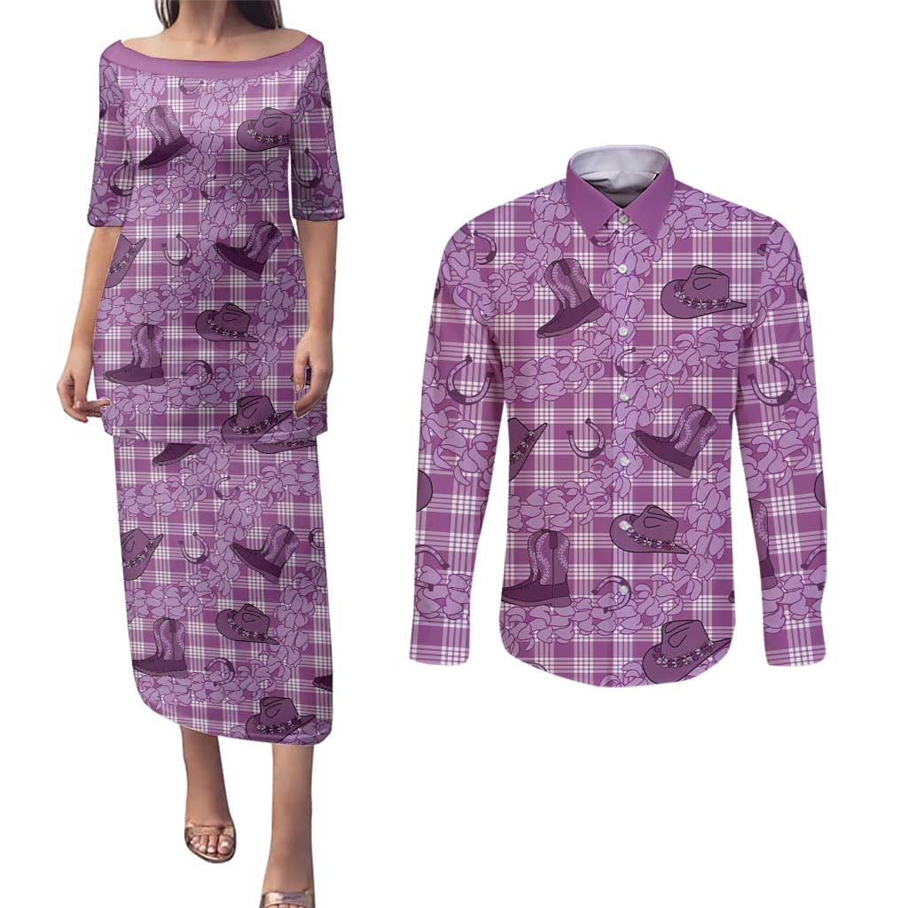 Purple Palaka Hawaii Cowboy Couples Matching Puletasi and Long Sleeve Button Shirt Puakenikeni Lei Paniolo Papale Seamless Vibes LT14 Purple - Polynesian Pride