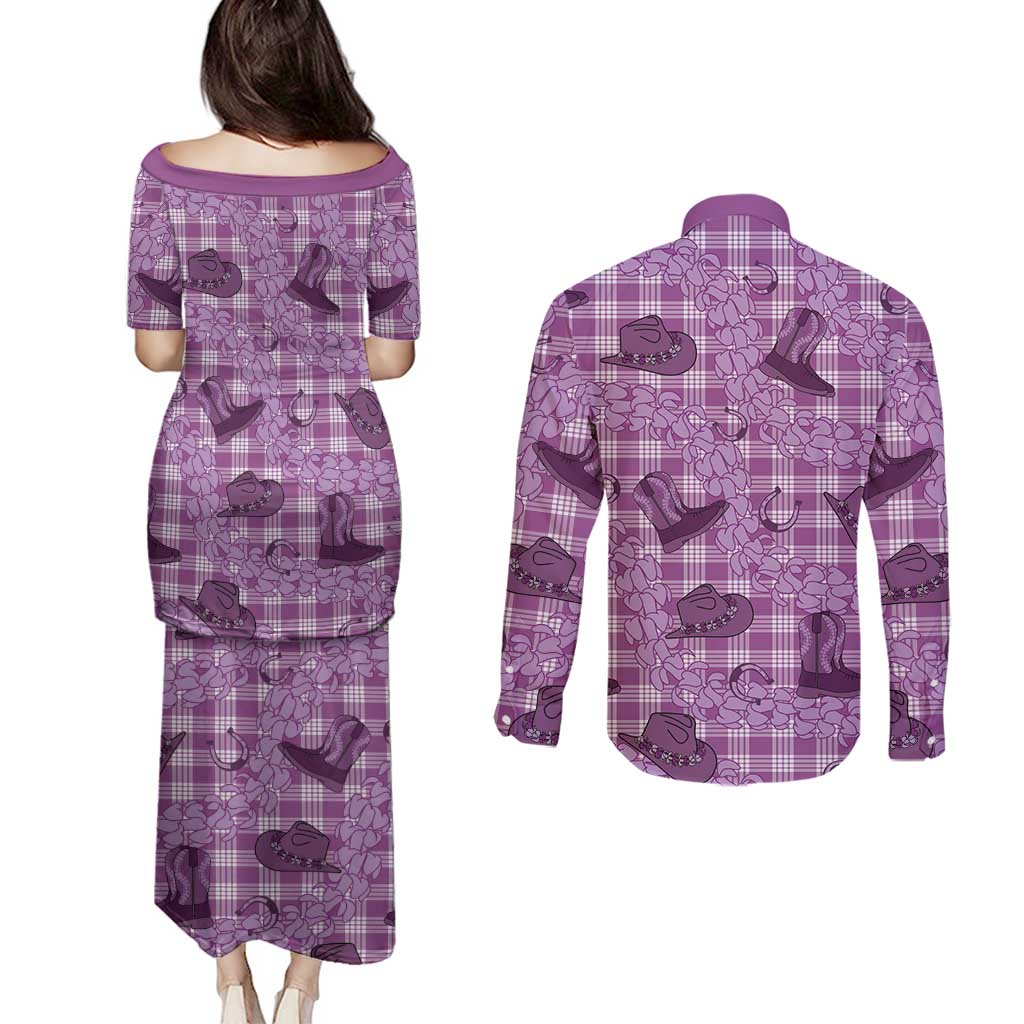 Purple Palaka Hawaii Cowboy Couples Matching Puletasi and Long Sleeve Button Shirt Puakenikeni Lei Paniolo Papale Seamless Vibes LT14 - Polynesian Pride