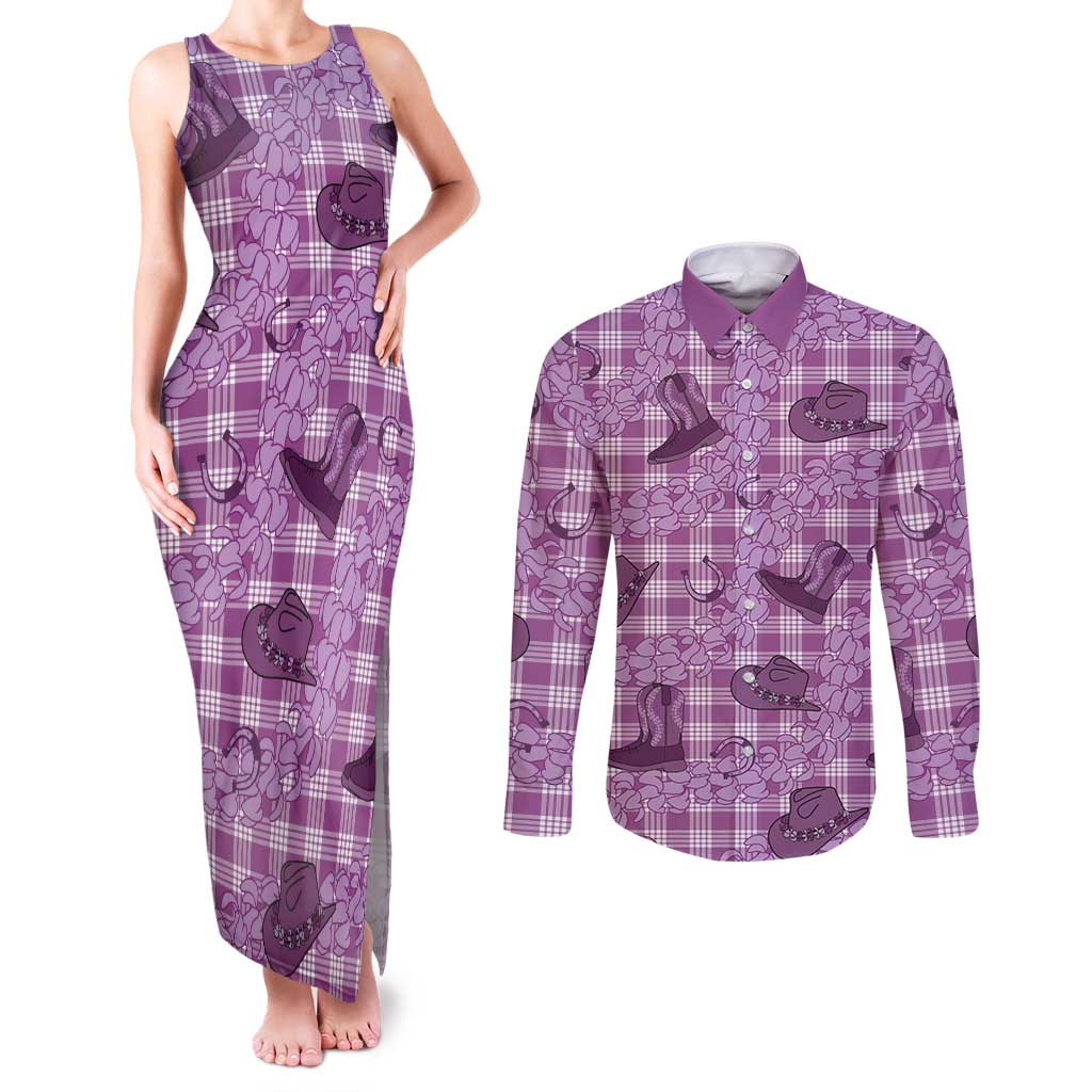 Purple Palaka Hawaii Cowboy Couples Matching Tank Maxi Dress and Long Sleeve Button Shirt Puakenikeni Lei Paniolo Papale Seamless Vibes - Polynesian Pride