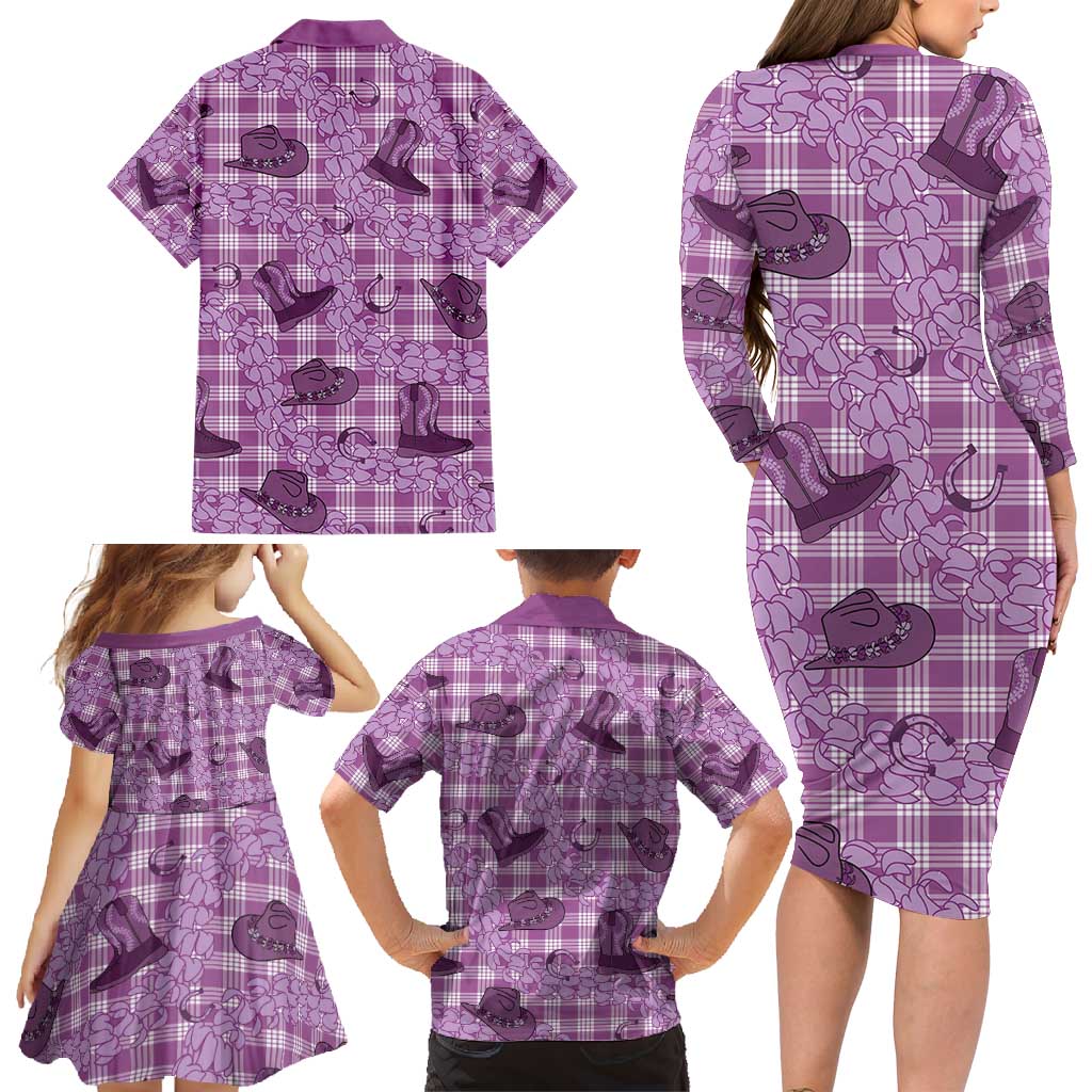 Purple Palaka Hawaii Cowboy Family Matching Long Sleeve Bodycon Dress and Hawaiian Shirt Puakenikeni Lei Paniolo Papale Seamless Vibes LT14 - Polynesian Pride
