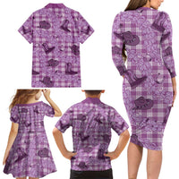 Purple Palaka Hawaii Cowboy Family Matching Long Sleeve Bodycon Dress and Hawaiian Shirt Puakenikeni Lei Paniolo Papale Seamless Vibes LT14 - Polynesian Pride