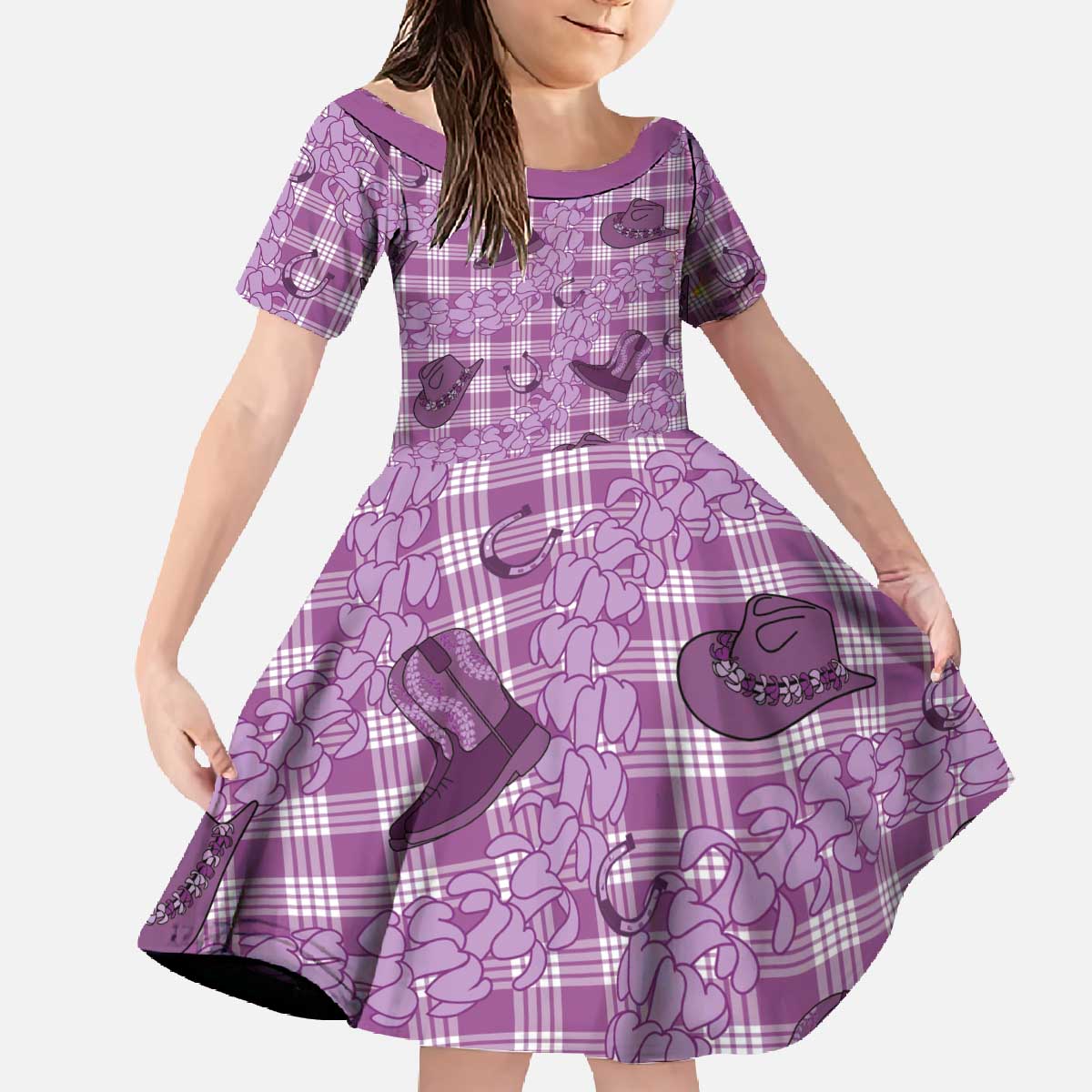 Purple Palaka Hawaii Cowboy Family Matching Off The Shoulder Long Sleeve Dress and Hawaiian Shirt Puakenikeni Lei Paniolo Papale Seamless Vibes LT14 Daughter's Dress Purple - Polynesian Pride