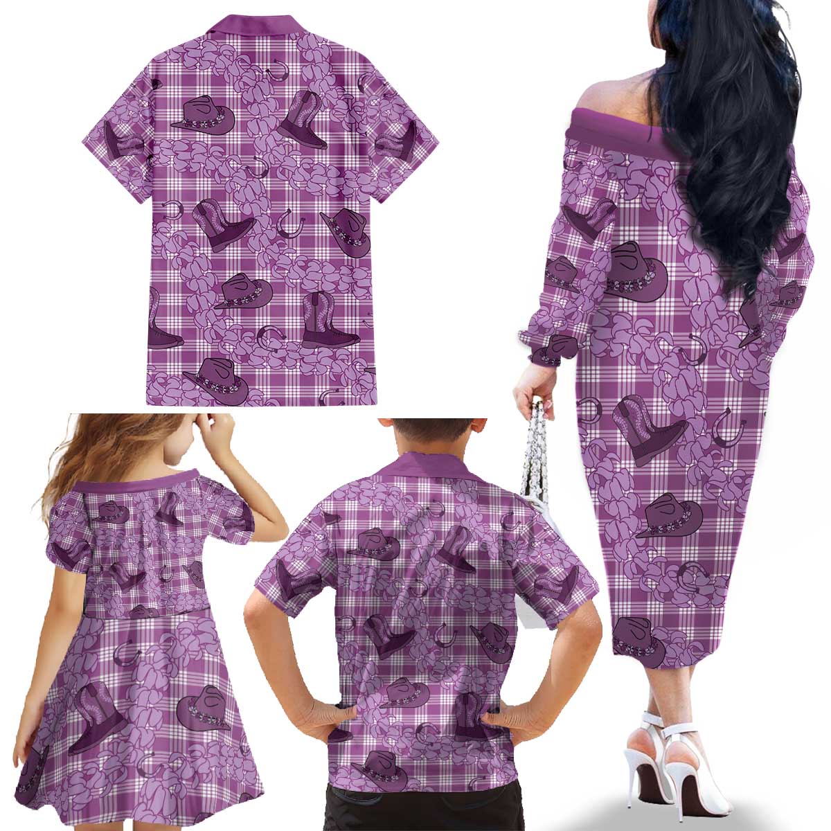 Purple Palaka Hawaii Cowboy Family Matching Off The Shoulder Long Sleeve Dress and Hawaiian Shirt Puakenikeni Lei Paniolo Papale Seamless Vibes LT14 - Polynesian Pride