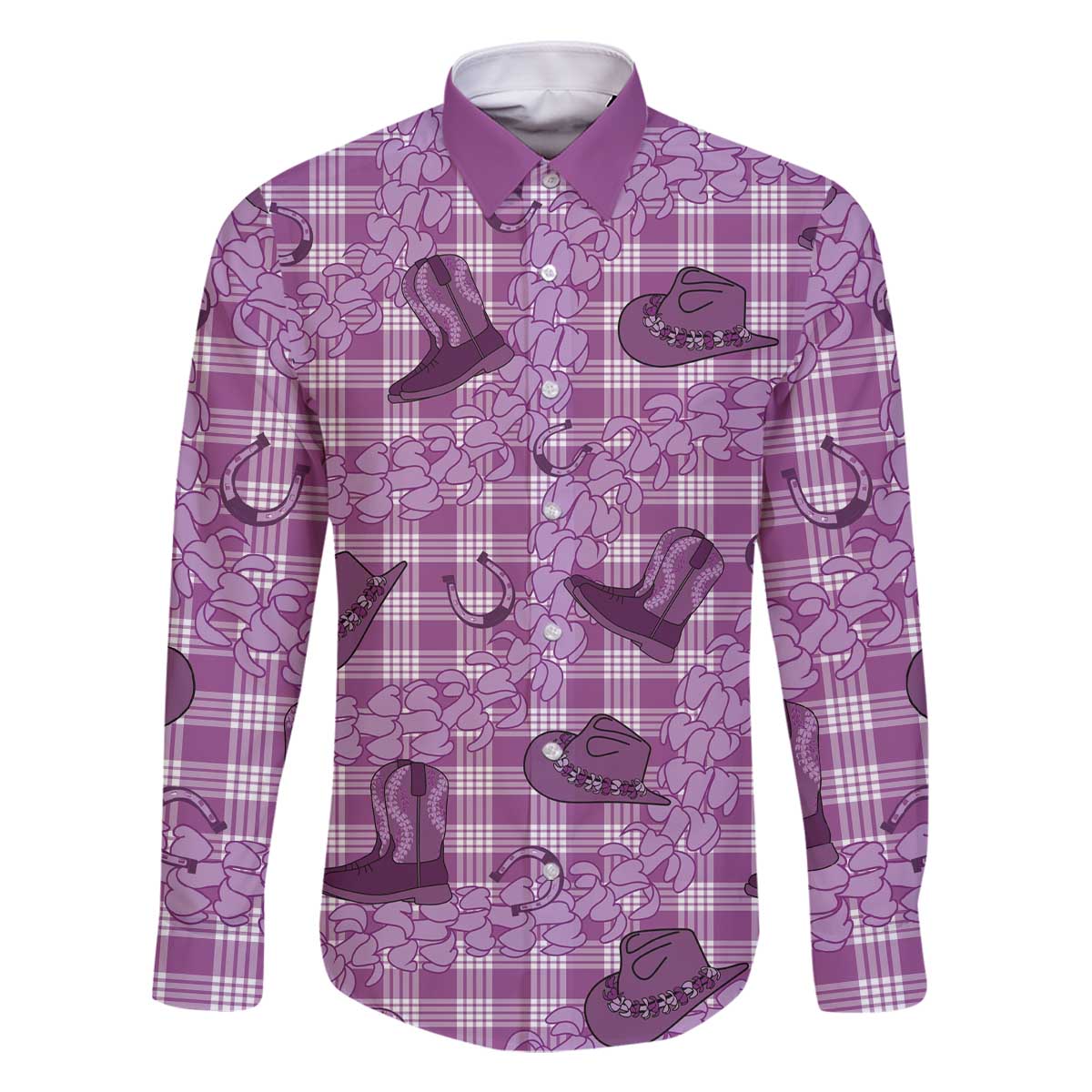 Purple Palaka Hawaii Cowboy Family Matching Off The Shoulder Long Sleeve Dress and Hawaiian Shirt Puakenikeni Lei Paniolo Papale Seamless Vibes LT14 Dad's Shirt - Long Sleeve Purple - Polynesian Pride
