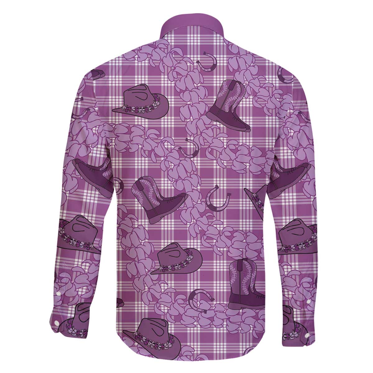 Purple Palaka Hawaii Cowboy Family Matching Off The Shoulder Long Sleeve Dress and Hawaiian Shirt Puakenikeni Lei Paniolo Papale Seamless Vibes LT14 - Polynesian Pride