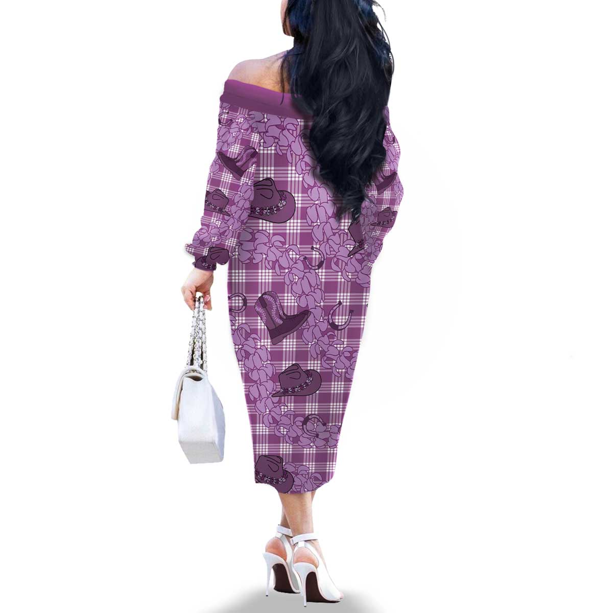 Purple Palaka Hawaii Cowboy Family Matching Off The Shoulder Long Sleeve Dress and Hawaiian Shirt Puakenikeni Lei Paniolo Papale Seamless Vibes LT14 - Polynesian Pride