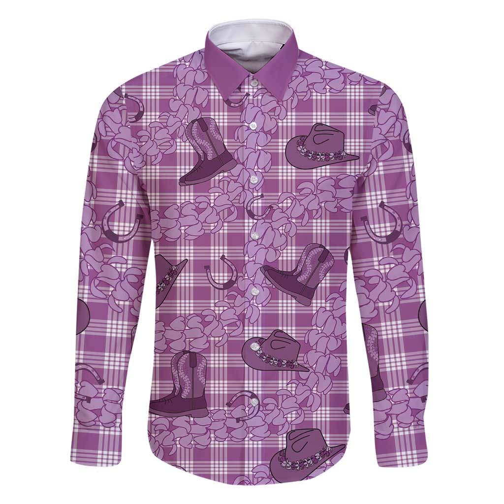 Purple Palaka Hawaii Cowboy Family Matching Off Shoulder Short Dress and Hawaiian Shirt Puakenikeni Lei Paniolo Papale Seamless Vibes LT14 Dad's Shirt - Long Sleeve Purple - Polynesian Pride