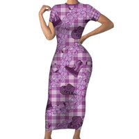 Purple Palaka Hawaii Cowboy Family Matching Short Sleeve Bodycon Dress and Hawaiian Shirt Puakenikeni Lei Paniolo Papale Seamless Vibes LT14 Mom's Dress Purple - Polynesian Pride