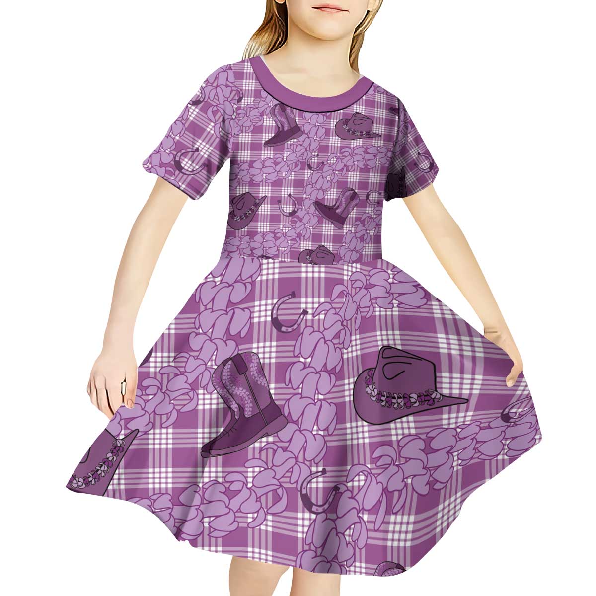 Purple Palaka Hawaii Cowboy Kid Short Sleeve Dress Puakenikeni Lei Paniolo Papale Seamless Vibes LT14 - Polynesian Pride