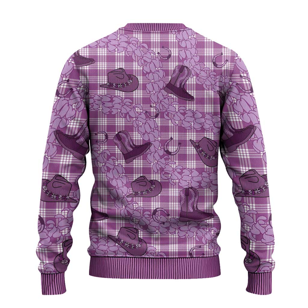 Purple Palaka Hawaii Cowboy Ugly Christmas Sweater Puakenikeni Lei Paniolo Papale Seamless Vibes - Polynesian Pride