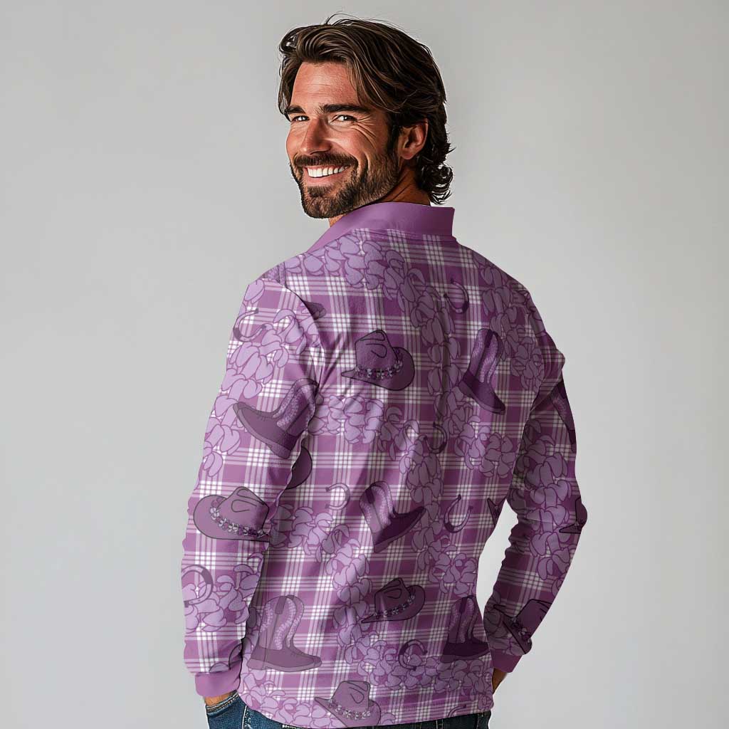 Purple Palaka Hawaii Cowboy Long Sleeve Polo Shirt Puakenikeni Lei Paniolo Papale Seamless Vibes LT14 - Polynesian Pride