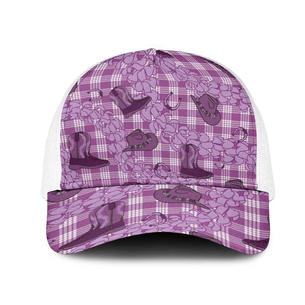 Purple Palaka Hawaii Cowboy Mesh Trucker Cap Puakenikeni Lei Paniolo Papale Seamless Vibes - Polynesian Pride