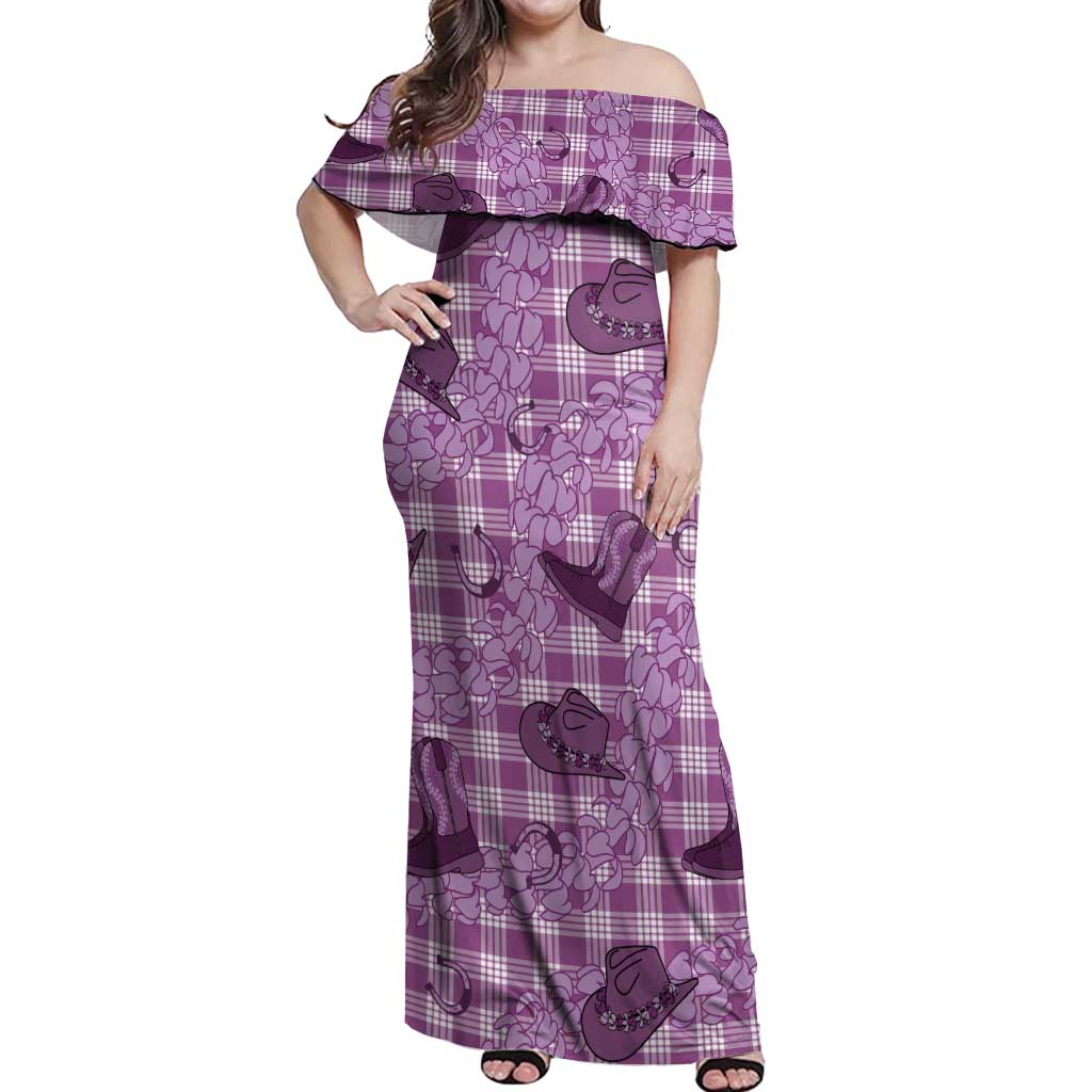 Purple Palaka Hawaii Cowboy Off Shoulder Maxi Dress Puakenikeni Lei Paniolo Papale Seamless Vibes LT14 Women Purple - Polynesian Pride
