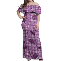 Purple Palaka Hawaii Cowboy Off Shoulder Maxi Dress Puakenikeni Lei Paniolo Papale Seamless Vibes LT14 Women Purple - Polynesian Pride